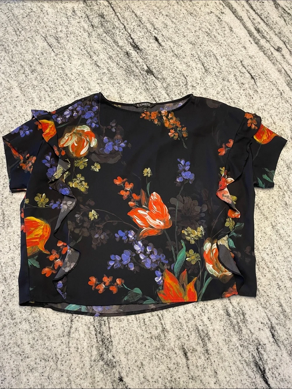 Express Oversized Ruffle Floral Short Sleeve Blouse Shirt Extra Small
